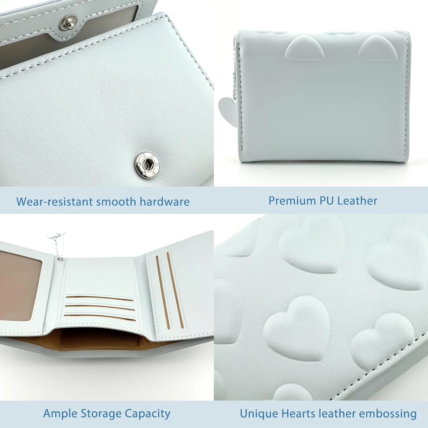Womens Wallet, Small Trifold Slim Leather Cute Wallet Cash Pocket with Heart chain Coin Purse ID Window Card Holder for Girls and Ladies (Sky Blue)