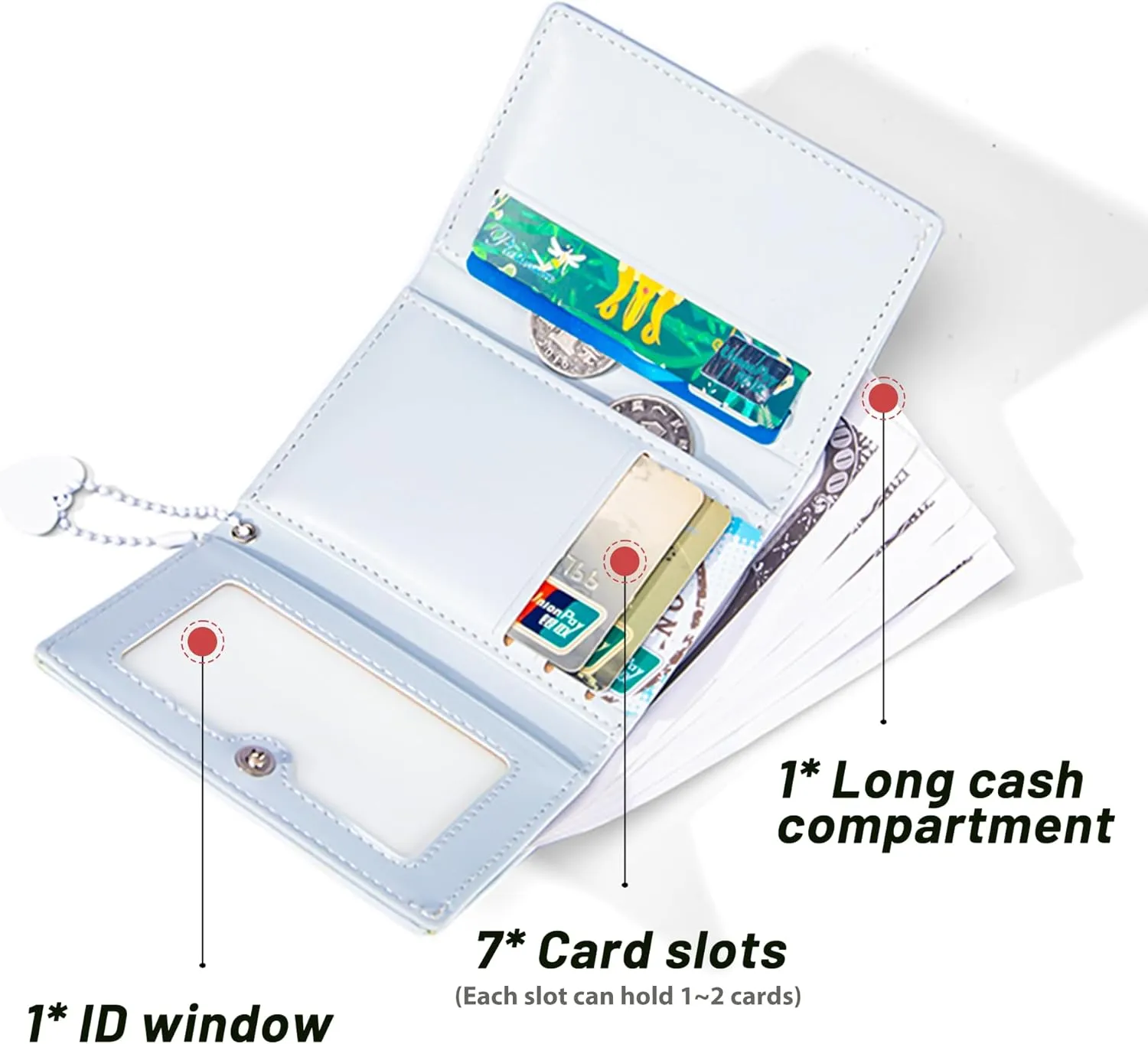Womens Wallet, Small Trifold Slim Leather Cute Wallet Cash Pocket with Heart chain Coin Purse ID Window Card Holder for Girls and Ladies (Sky Blue)