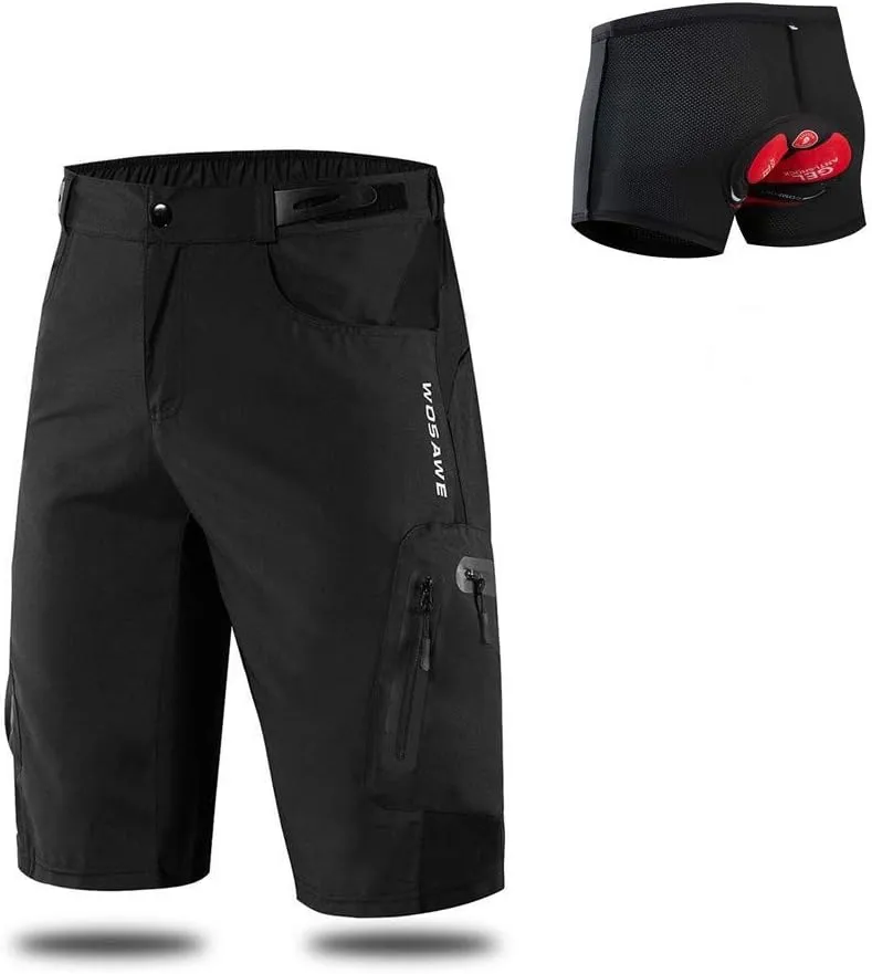 WOSAWE Men's Baggy Cycling Shorts Quick Dry Mountain Bike Bottoms MTB Padded Shorts with 7 Pockets
