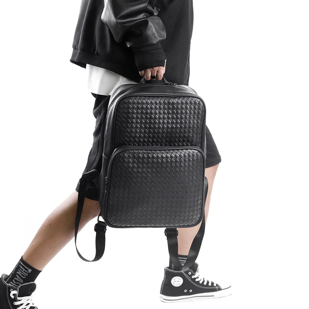 Woven Leather Backpack with Laptop Compartment