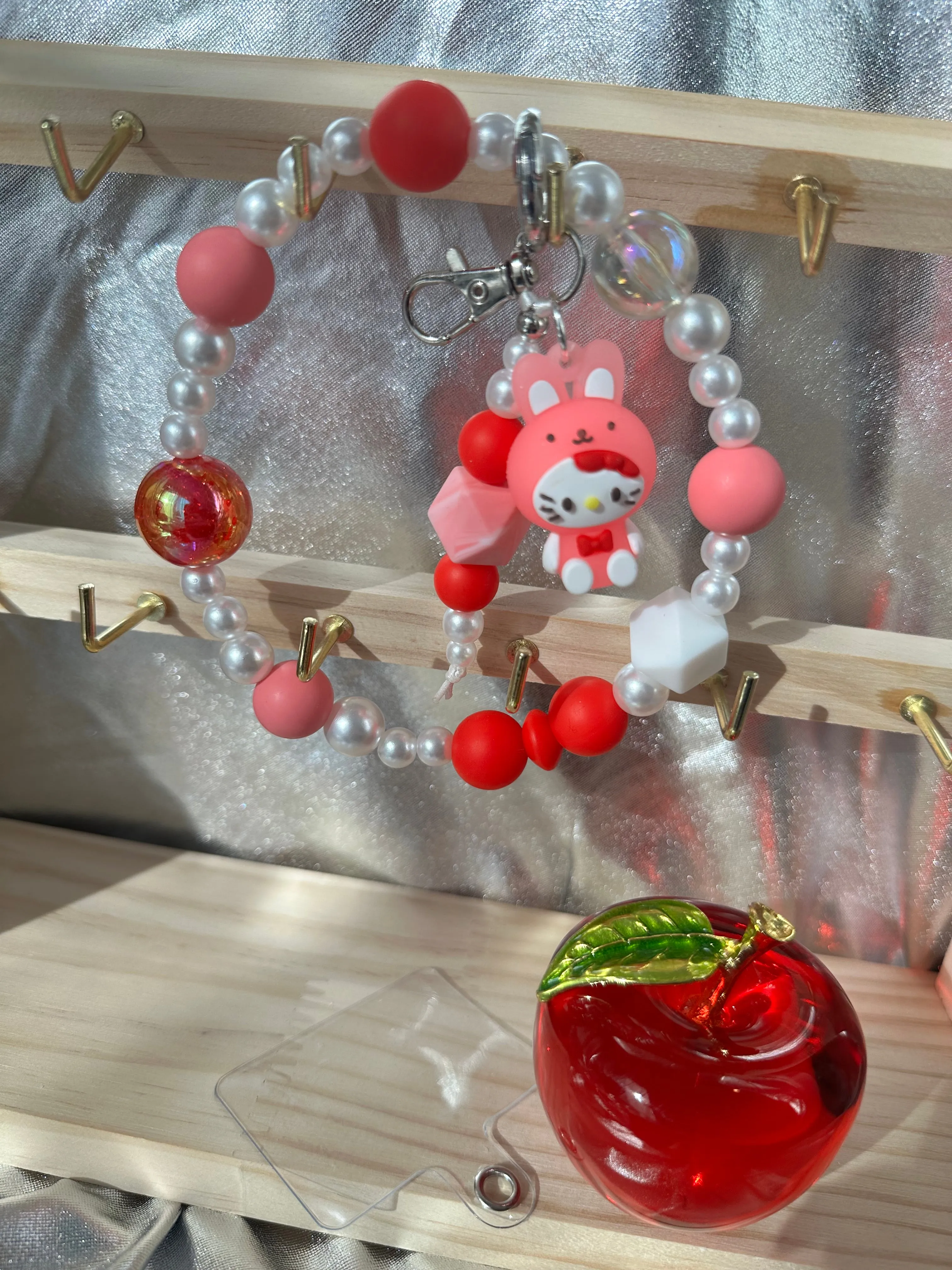 Wristlet with Keychain-Cutesy Kitty Bunny Red Bow