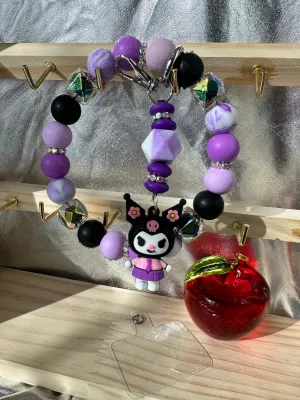 Wristlet with Keychain-Cutesy Skull Bunny Flowers Purple