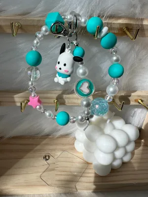 Wristlet with Keychain-Cutesy White Doggie Teal