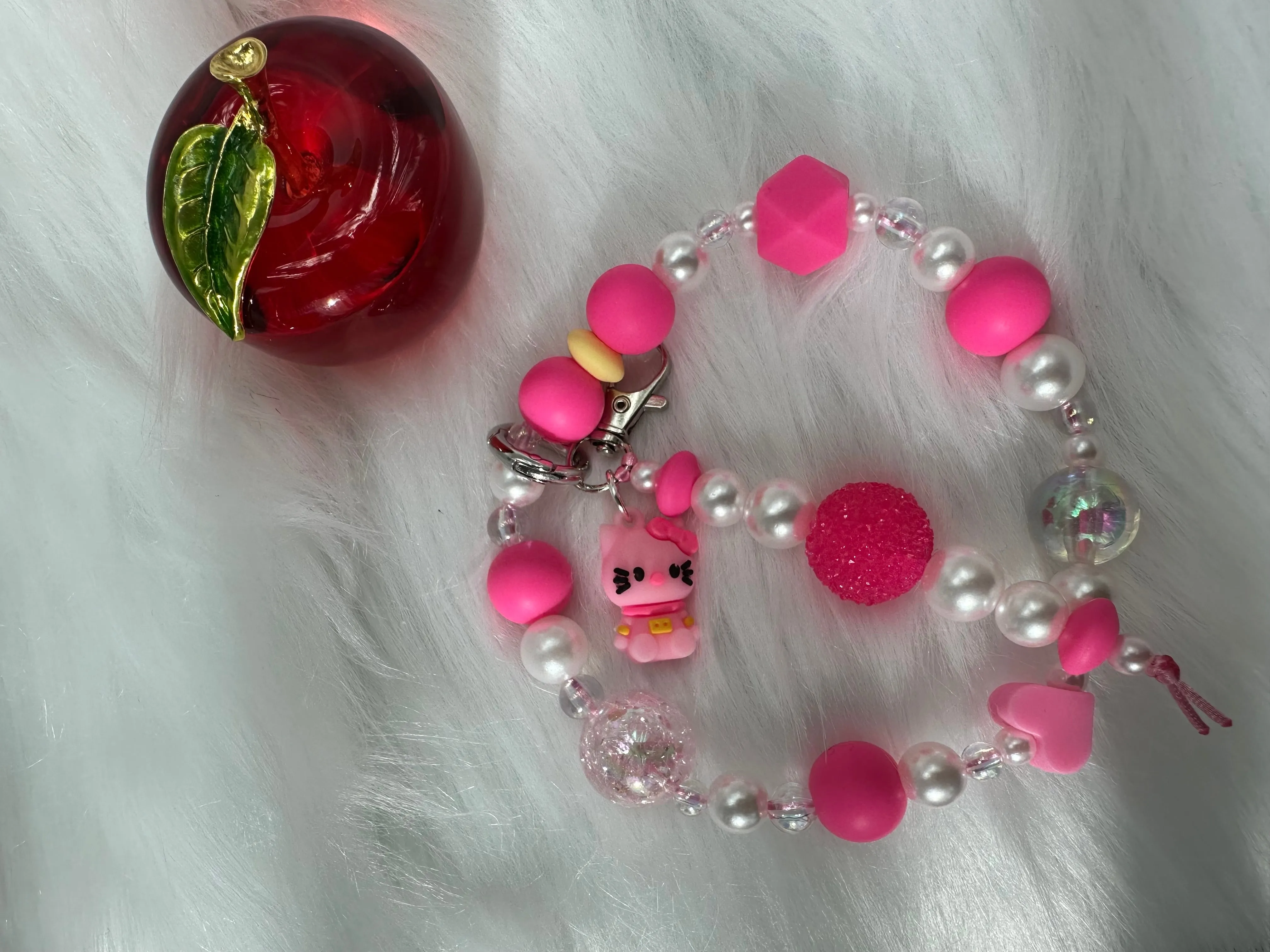 Wristlet with Keychain-Cutesy White Kitty Pink Astro w Bow