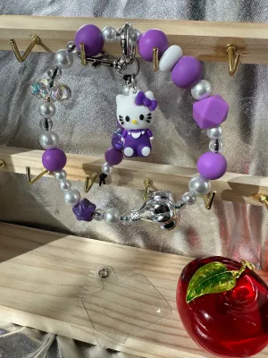 Wristlet with Keychain-Cutesy White Kitty Purple