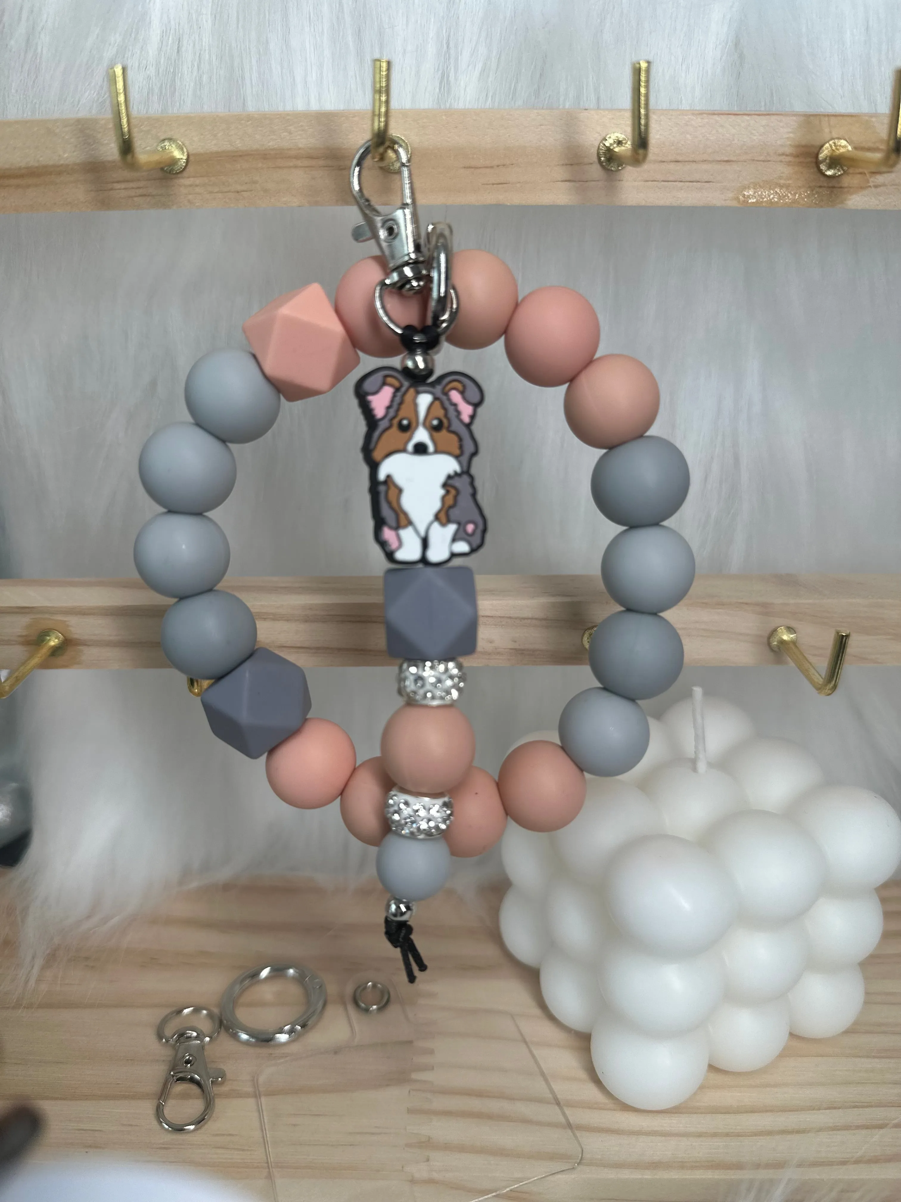 Wristlet with Keychain-Doggie Peachy Grey