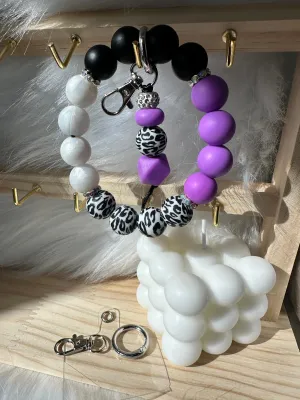 Wristlet with Keychain-White Purple Leopard