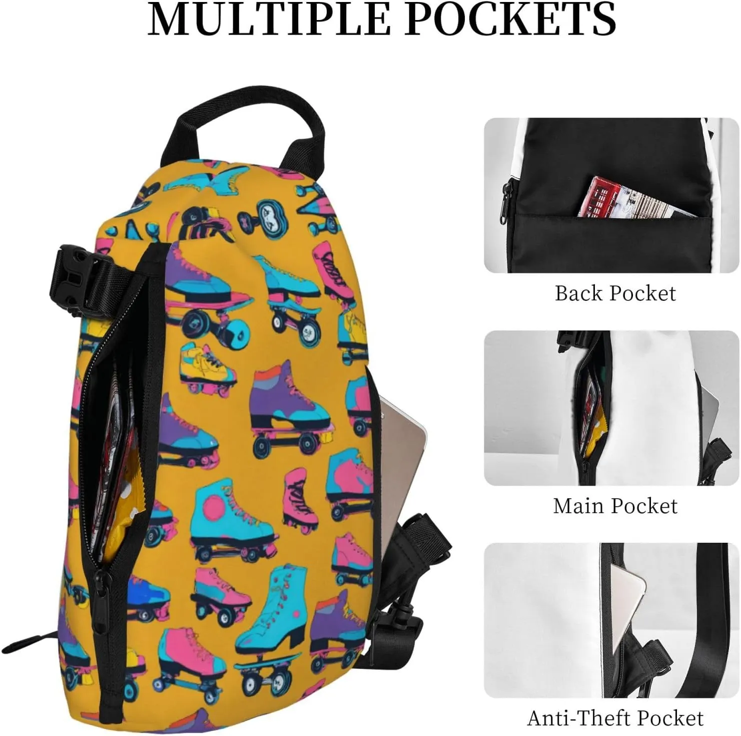 WURTON Colorful Roller Skates Print Crossbody Backpack Cross Pack Lightweight Sling Bag Travel, Hiking
