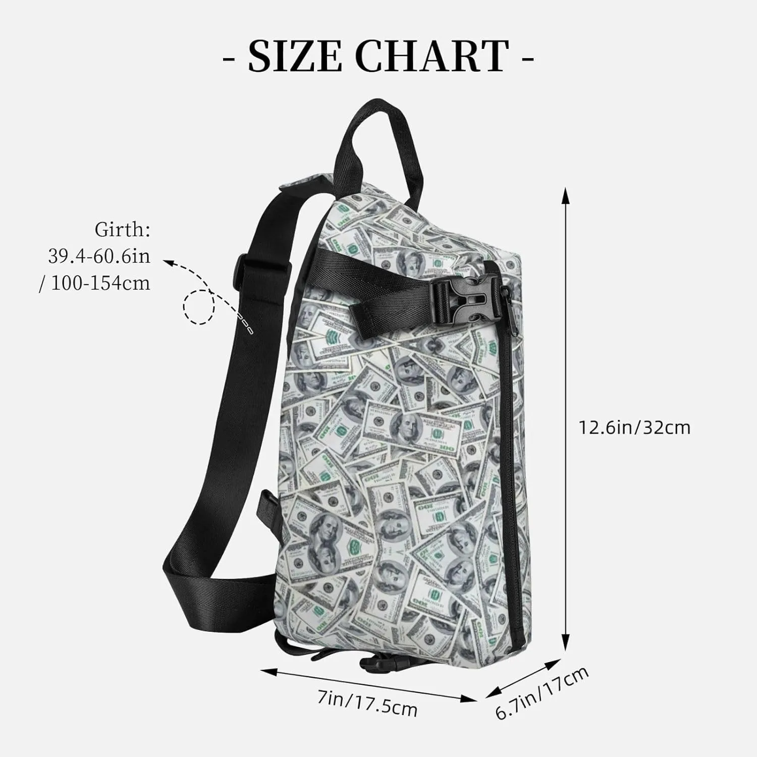 WURTON Funny Dollar Money Print Crossbody Backpack Cross Pack Lightweight Sling Bag Travel, Hiking