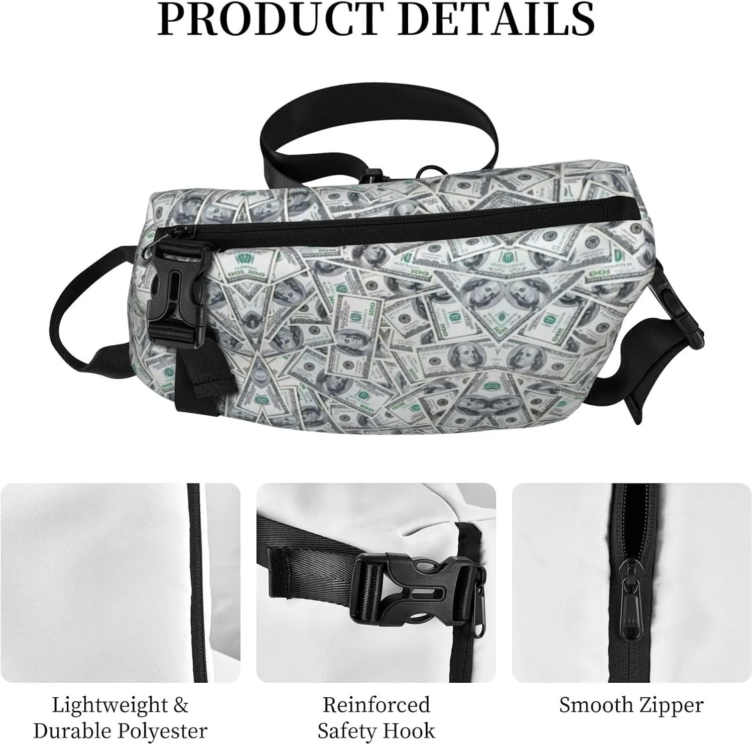 WURTON Funny Dollar Money Print Crossbody Backpack Cross Pack Lightweight Sling Bag Travel, Hiking