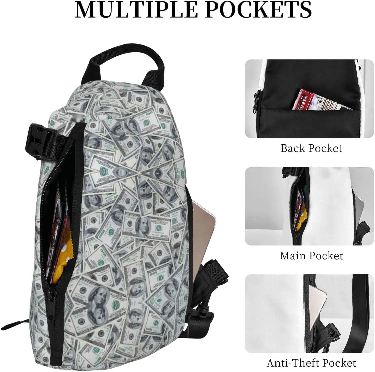 WURTON Funny Dollar Money Print Crossbody Backpack Cross Pack Lightweight Sling Bag Travel, Hiking