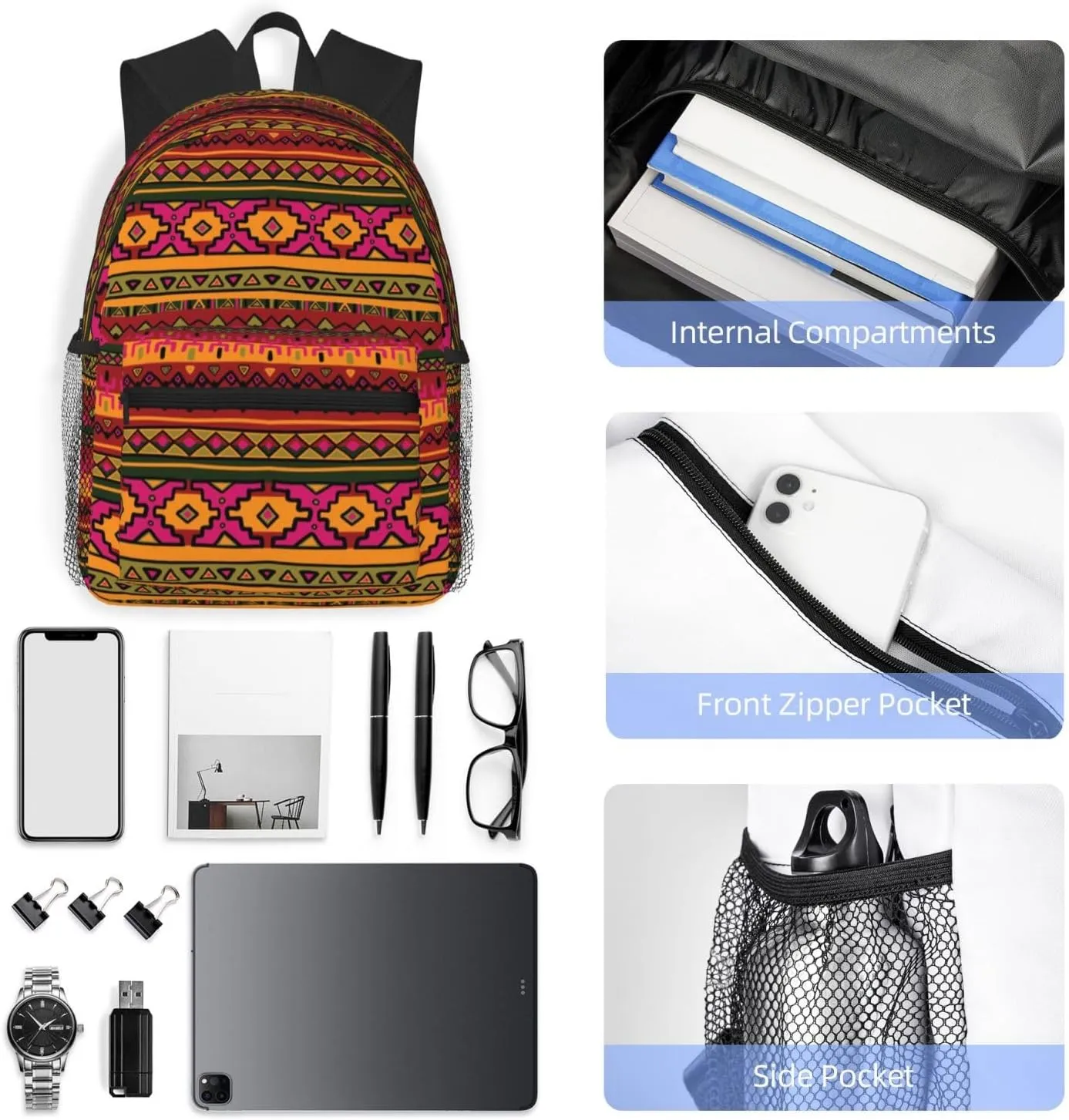 Wurton Mexican Folk Art Boho Print Multipurpose Casual Bag With Fashionable Travel,Work Outdoor Activities Backpack