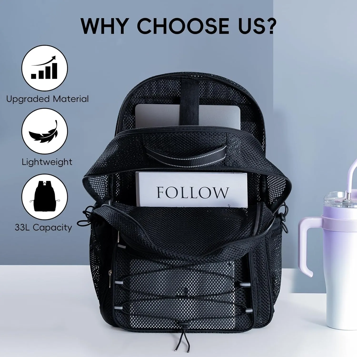 XLarge Mesh Backpack for School 33L See Through Stylish Heavy Duty Backpack for Boys Girls Kids Beach Travel Hiking Outdoor Sport(Black)