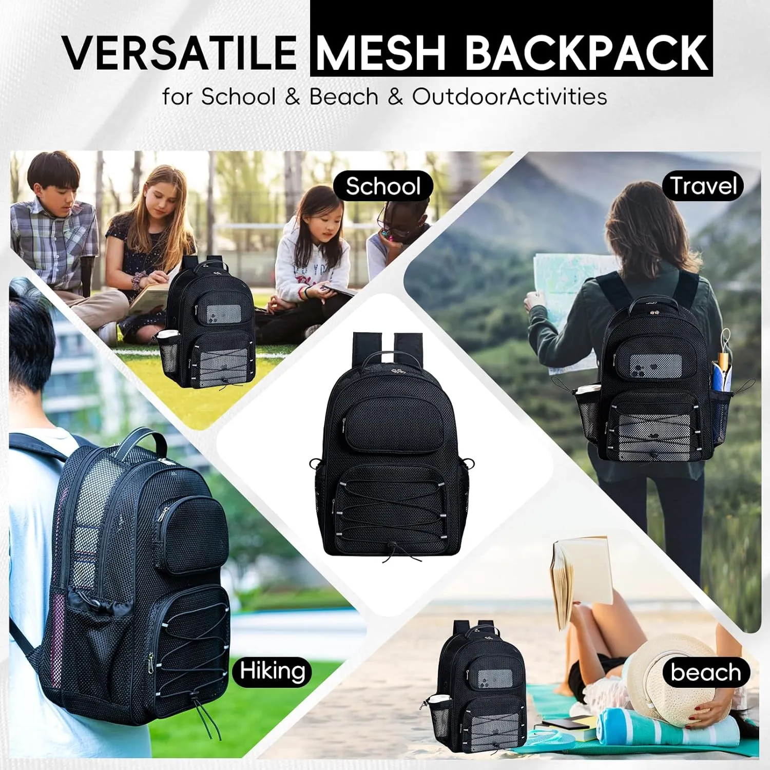 XLarge Mesh Backpack for School 33L See Through Stylish Heavy Duty Backpack for Boys Girls Kids Beach Travel Hiking Outdoor Sport(Black)