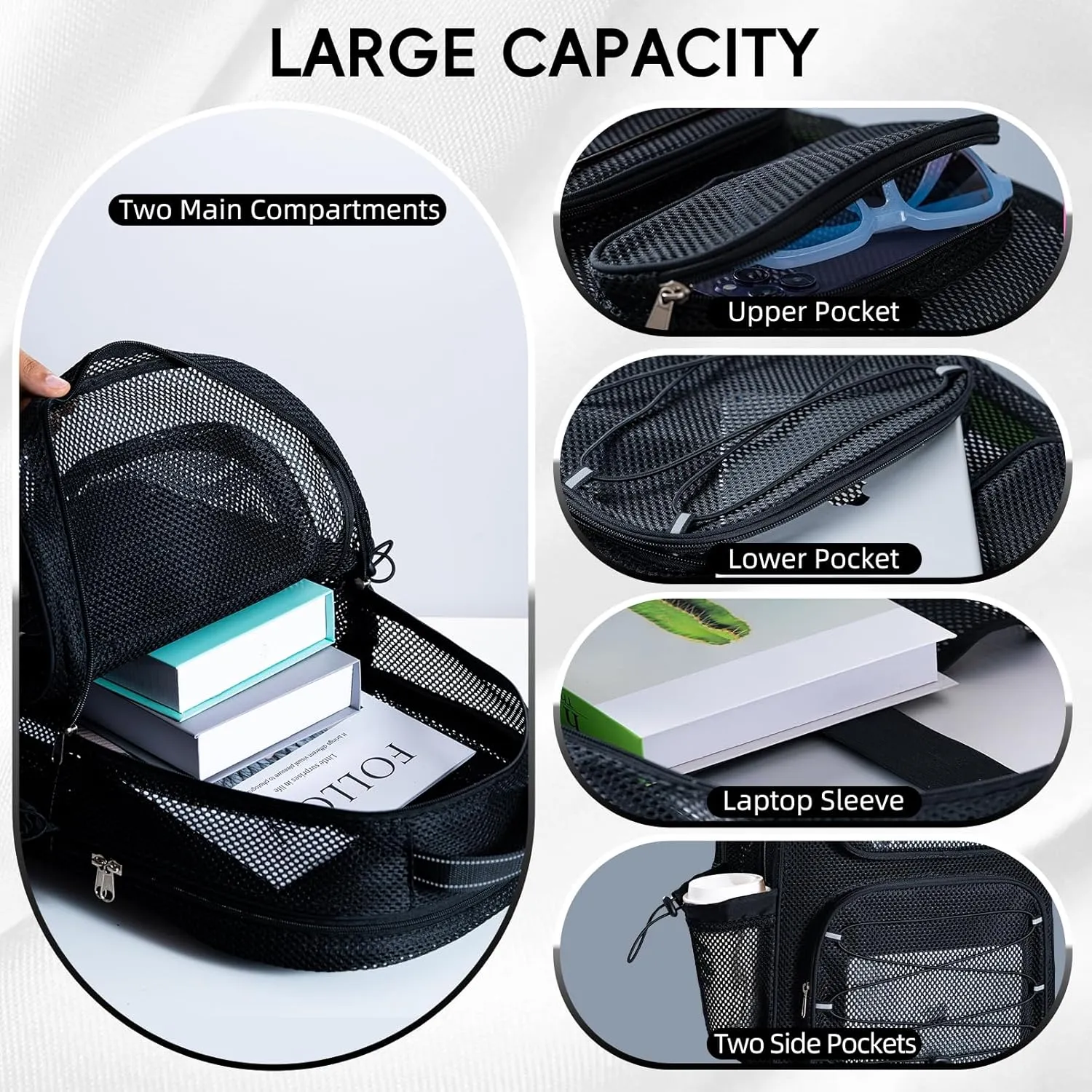 XLarge Mesh Backpack for School 33L See Through Stylish Heavy Duty Backpack for Boys Girls Kids Beach Travel Hiking Outdoor Sport(Black)