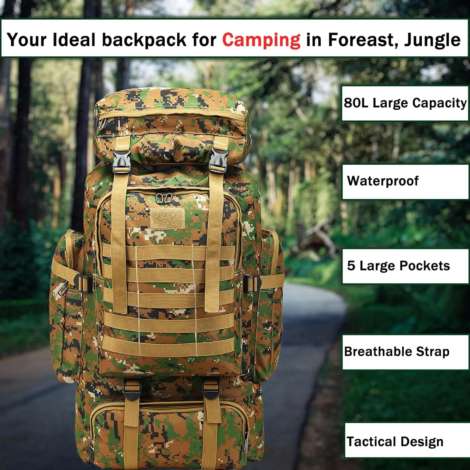 YFREAL 80L Hiking Camping Backpack,Hunting Backpack for Outdoor,Backpack Waterproof,Tactical Backpack for Men Women