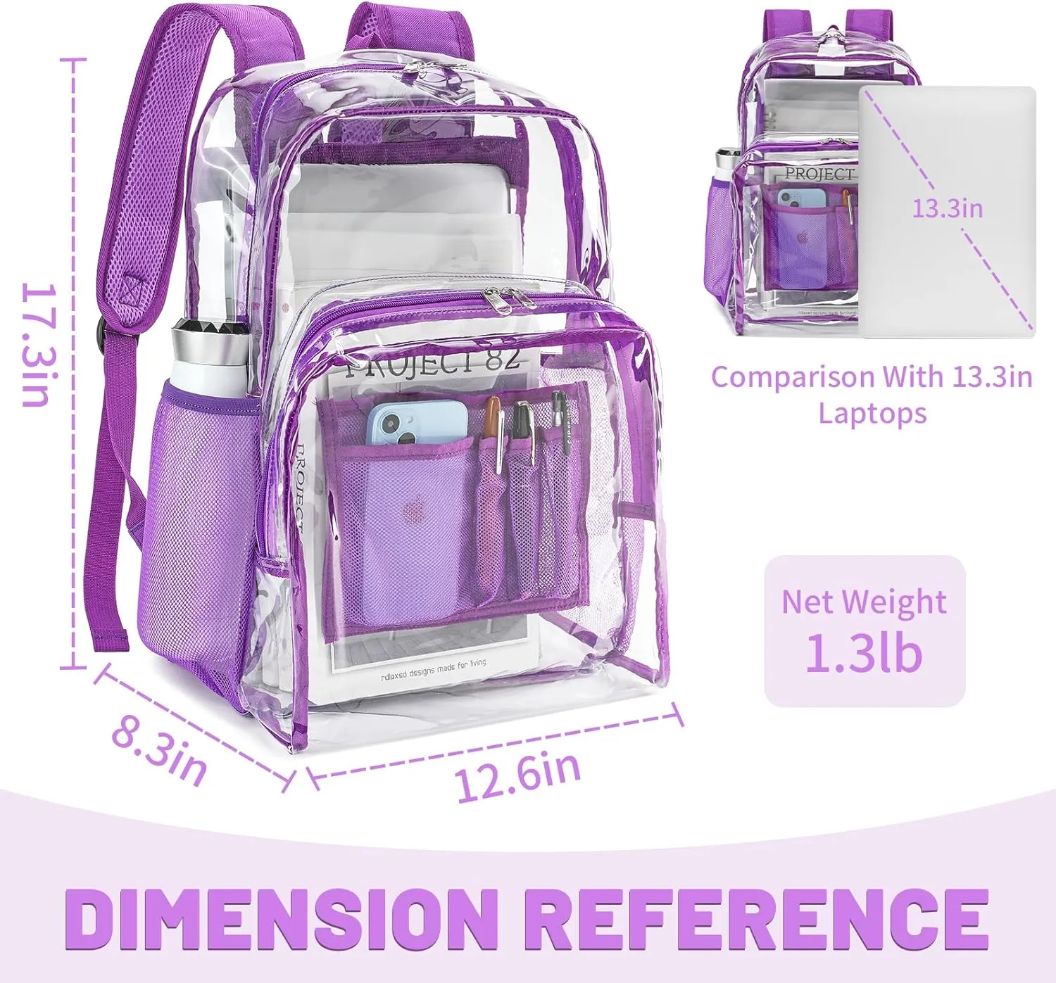 YGR Clear Backpack Heavy Duty PVC Transparent Backpack See Through Large Capacity Multiple Pockets Bookbag for Concert Work Security Travel Festival Purple