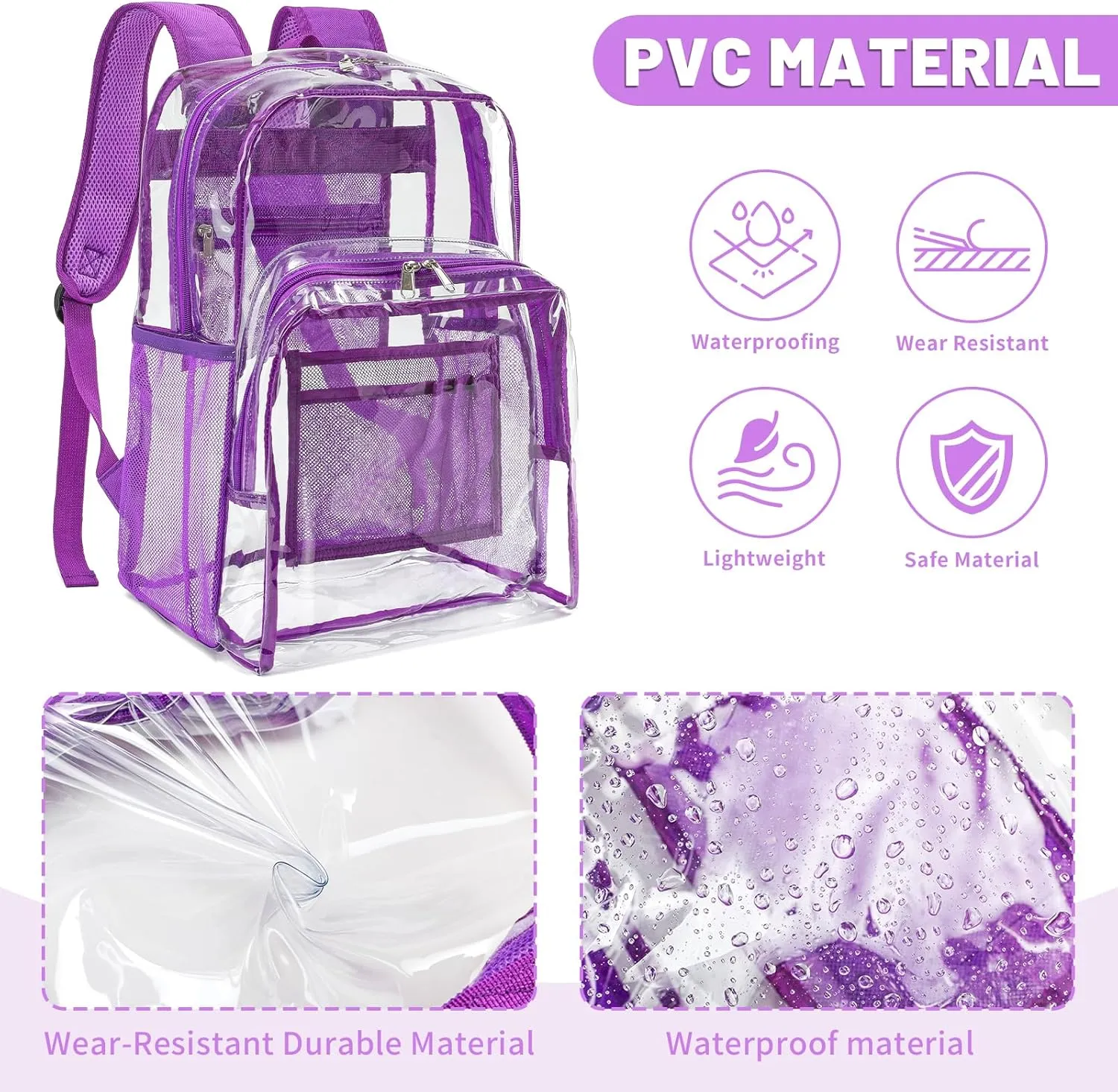 YGR Clear Backpack Heavy Duty PVC Transparent Backpack See Through Large Capacity Multiple Pockets Bookbag for Concert Work Security Travel Festival Purple