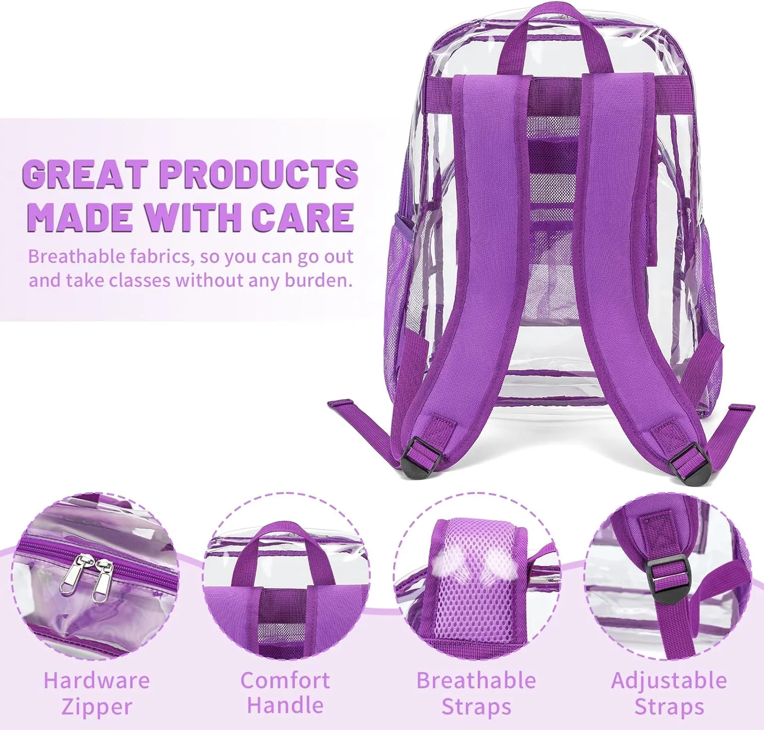 YGR Clear Backpack Heavy Duty PVC Transparent Backpack See Through Large Capacity Multiple Pockets Bookbag for Concert Work Security Travel Festival Purple