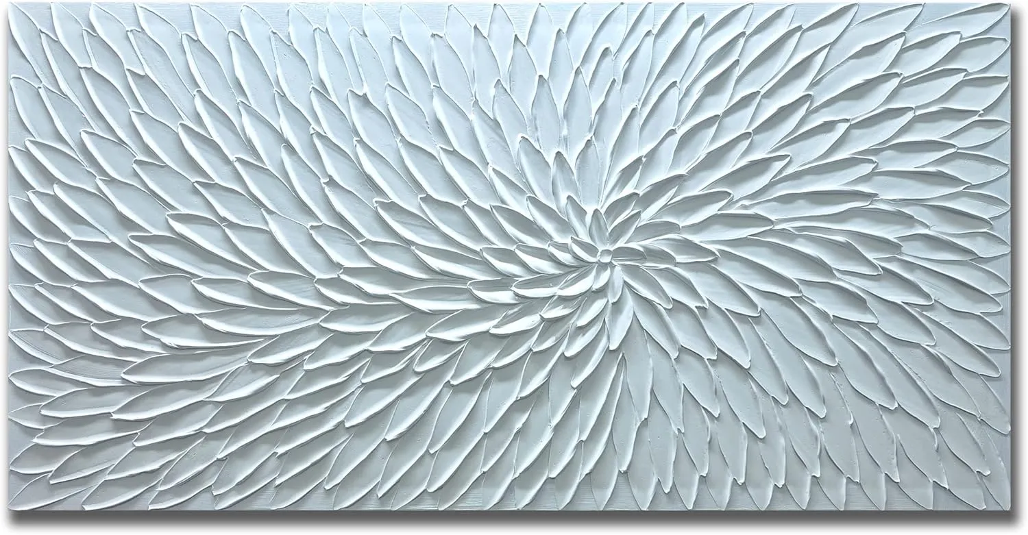 Yika Art Canvas Paintings, Wall Art Thick Texture White Flower Modern Gorgeous Abstract Hand Painted Abstract Oil Painting on Canvas Modern Wall Art Decor 24x48 inches