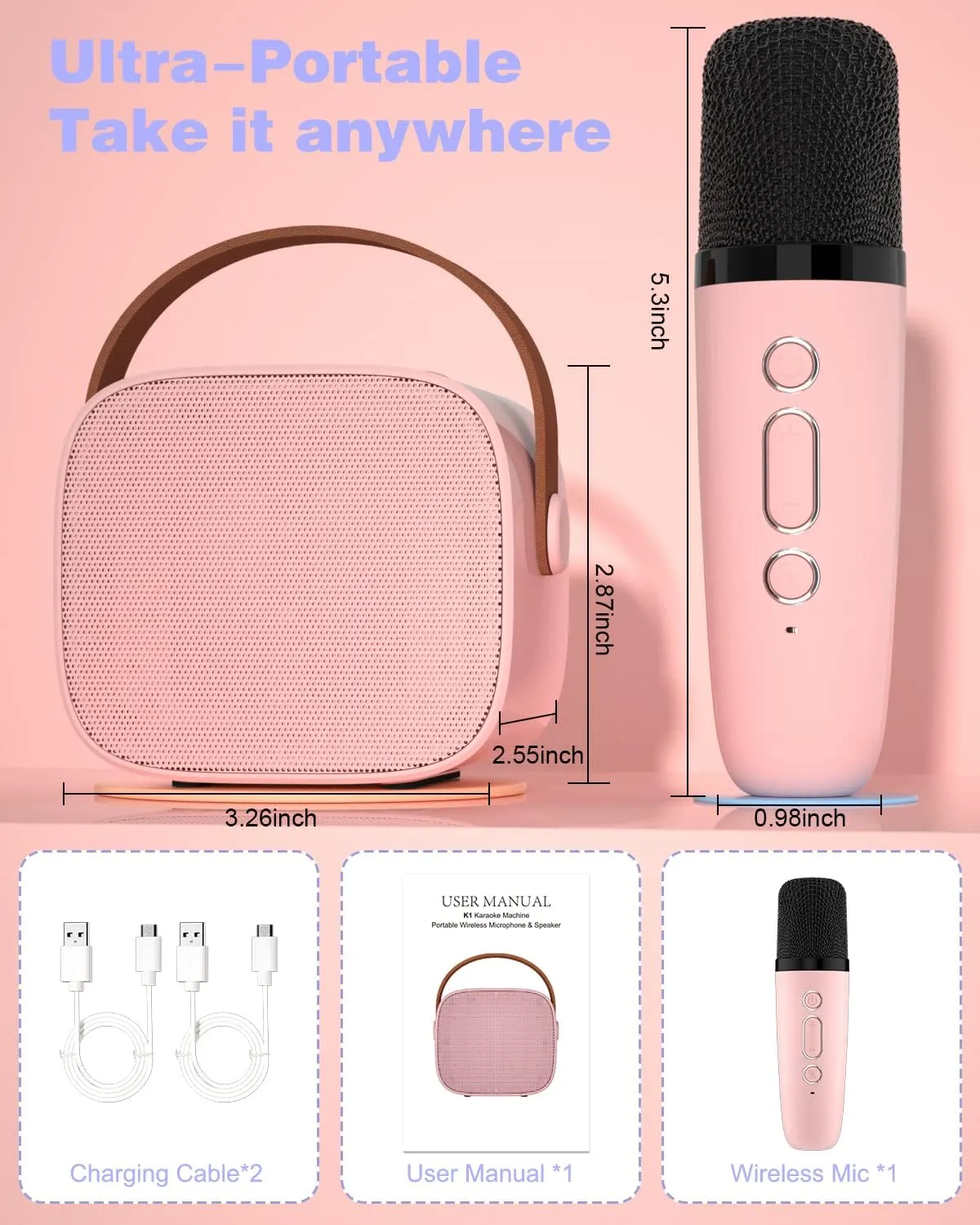 YLL Karaoke Machine for Kids Adults, Portable Mini Bluetooth Speaker with Wireless Microphone, Most Popular Birthday Gifts Toys for Girls 3, 4, 5, 6, 7, 8, 9, 10, 11, 12 Year Old (Lightpink 1 Mic)