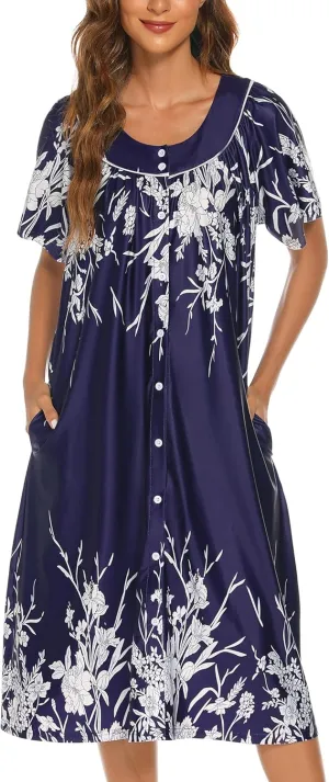 YOZLY House Dress for Women Short Sleeve House Coat Mumu Duster Robe with Pockets