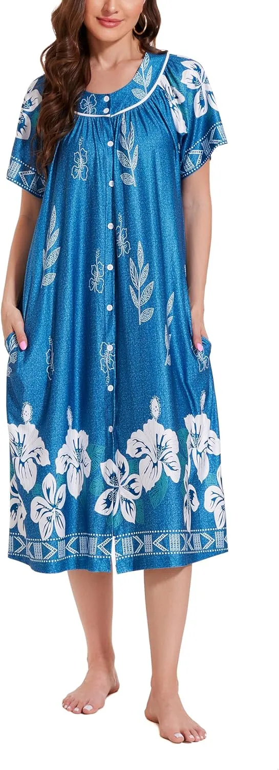 YOZLY House Dress for Women Short Sleeve House Coat Mumu Duster Robe with Pockets