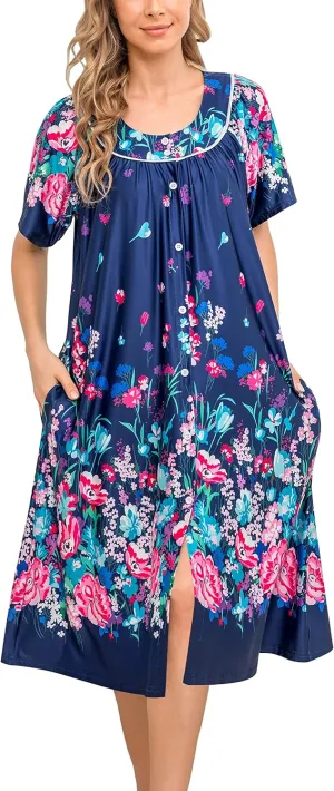 YOZLY House Dress for Women Short Sleeve House Coat Mumu Duster Robe with Pockets