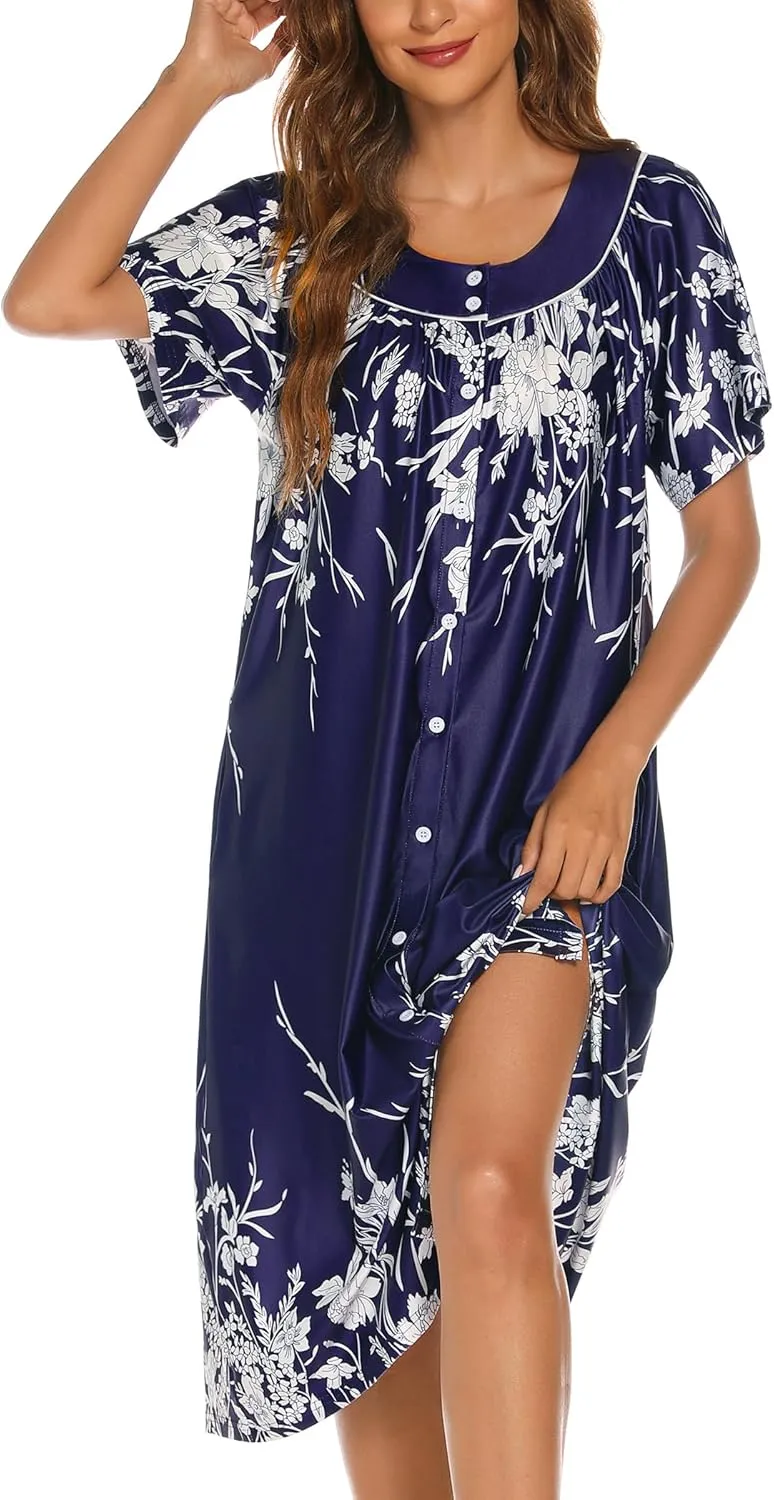 YOZLY House Dress for Women Short Sleeve House Coat Mumu Duster Robe with Pockets