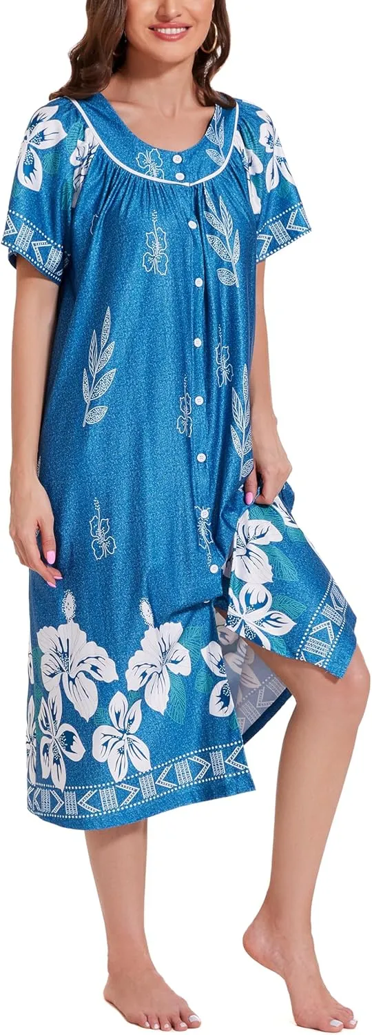 YOZLY House Dress for Women Short Sleeve House Coat Mumu Duster Robe with Pockets