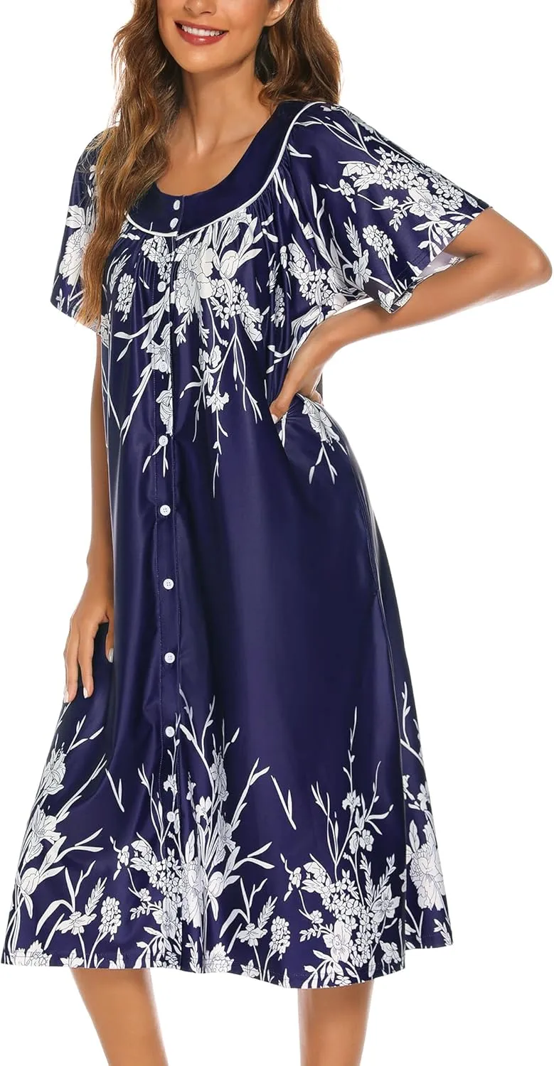 YOZLY House Dress for Women Short Sleeve House Coat Mumu Duster Robe with Pockets