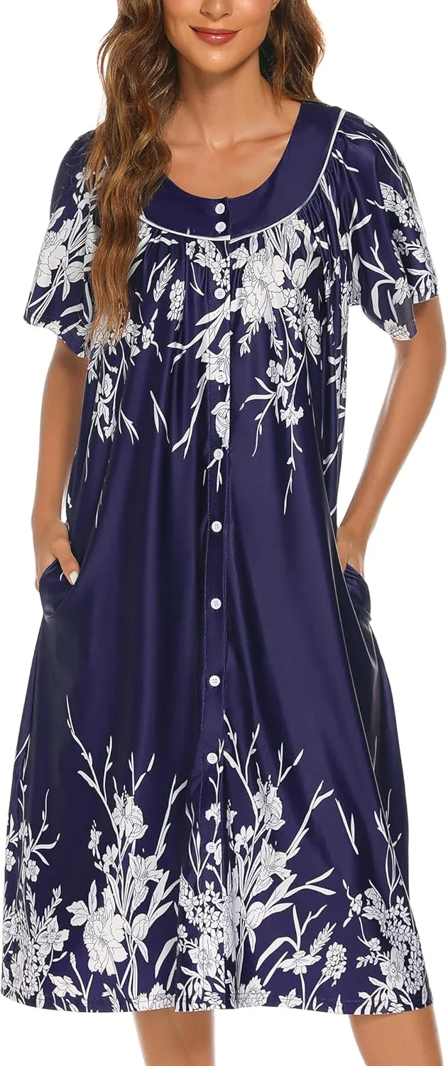 YOZLY House Dress for Women Short Sleeve House Coat Mumu Duster Robe with Pockets