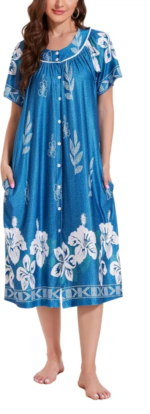 YOZLY House Dress for Women Short Sleeve House Coat Mumu Duster Robe with Pockets