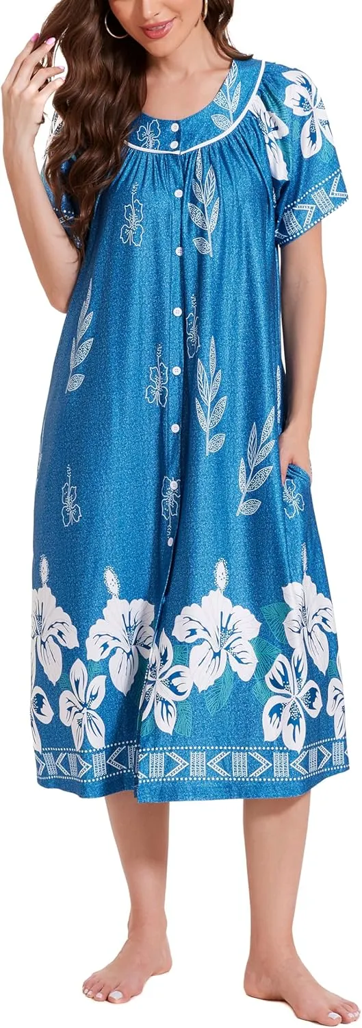 YOZLY House Dress for Women Short Sleeve House Coat Mumu Duster Robe with Pockets