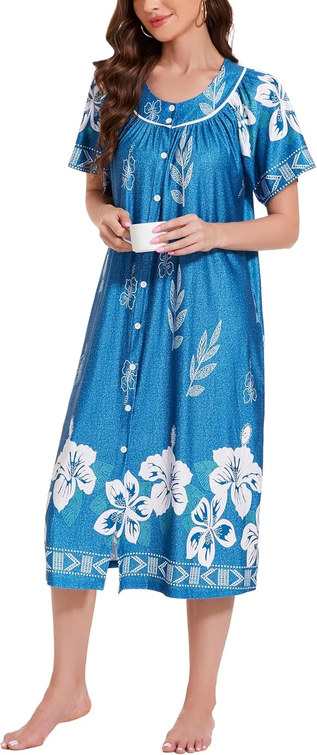 YOZLY House Dress for Women Short Sleeve House Coat Mumu Duster Robe with Pockets