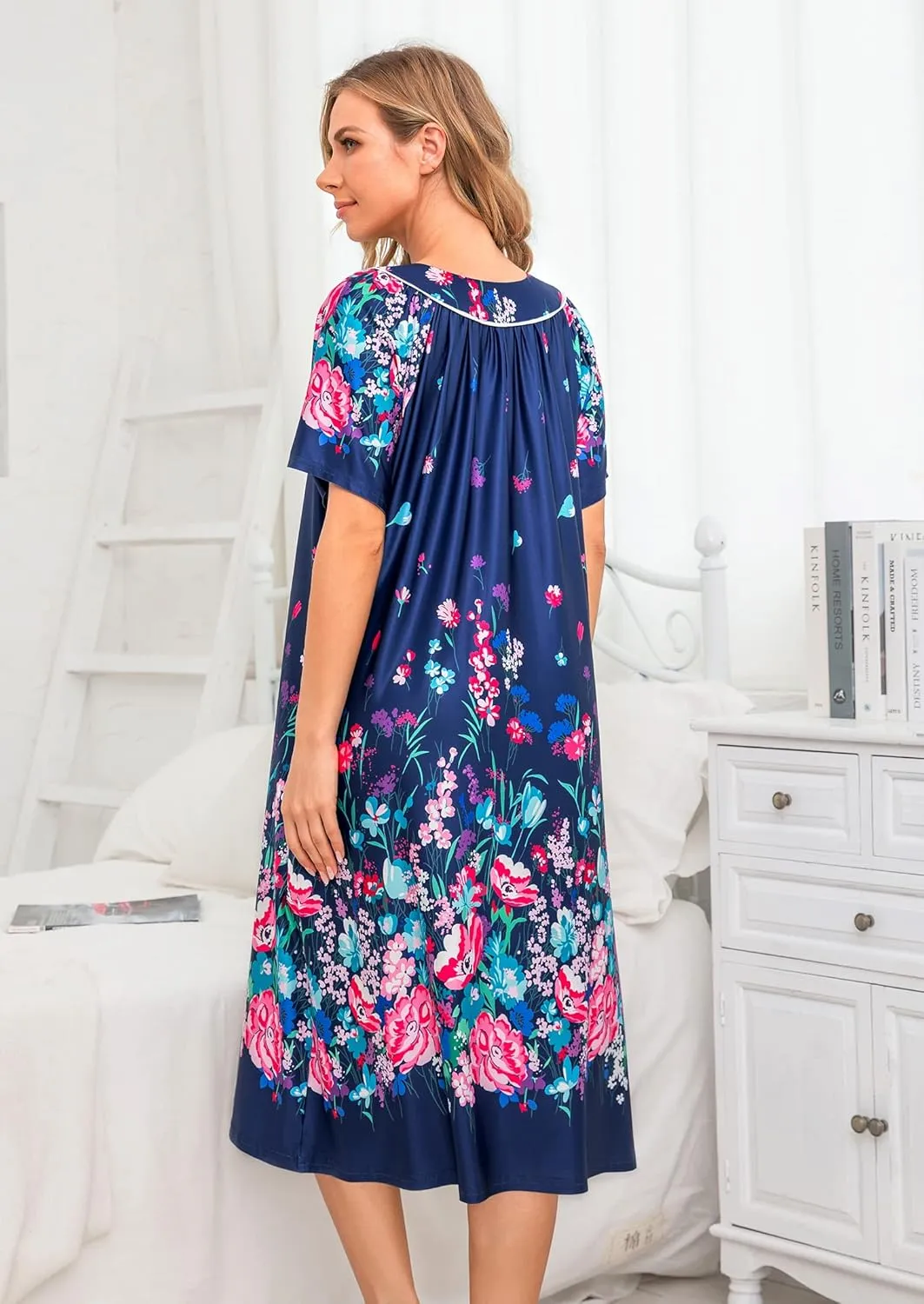 YOZLY House Dress for Women Short Sleeve House Coat Mumu Duster Robe with Pockets