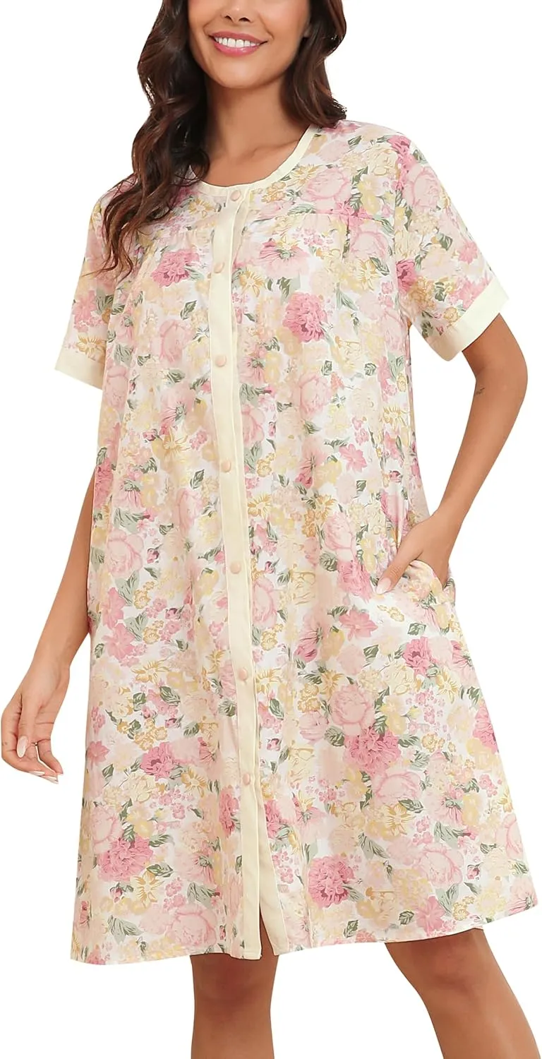 YOZLY House Dress for Women Short Sleeve House Coats Dusters Robe Moomoo nightgowns with Pockets