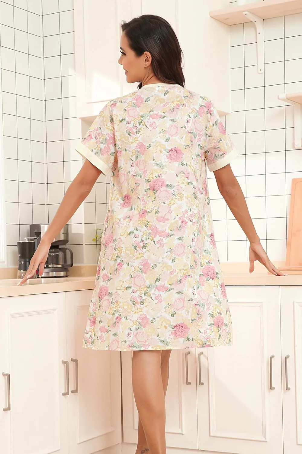 YOZLY House Dress for Women Short Sleeve House Coats Dusters Robe Moomoo nightgowns with Pockets
