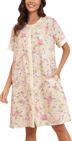 YOZLY House Dress for Women Short Sleeve House Coats Dusters Robe Moomoo nightgowns with Pockets