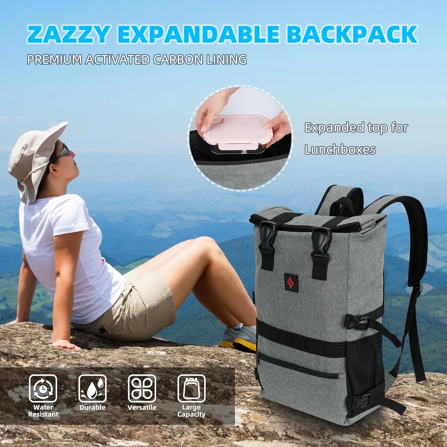 zazzy Smell Proof Bag with Combination Lock, Weather Resistant Lockable Smell Proof Backpack, Expandable Backpack Grey