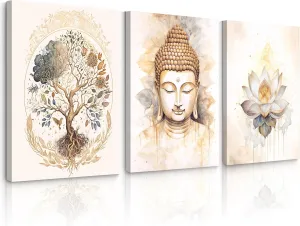 Zen Wall Art Decor Buddha Lotus Flower Artwork Tree of Life Canvas Painting Yoga Meditation Studio Wall Art Mindfulness Spiritual Energy Poster for Living Room Bedroom 12x16x3 Inch Wrapped Canvas