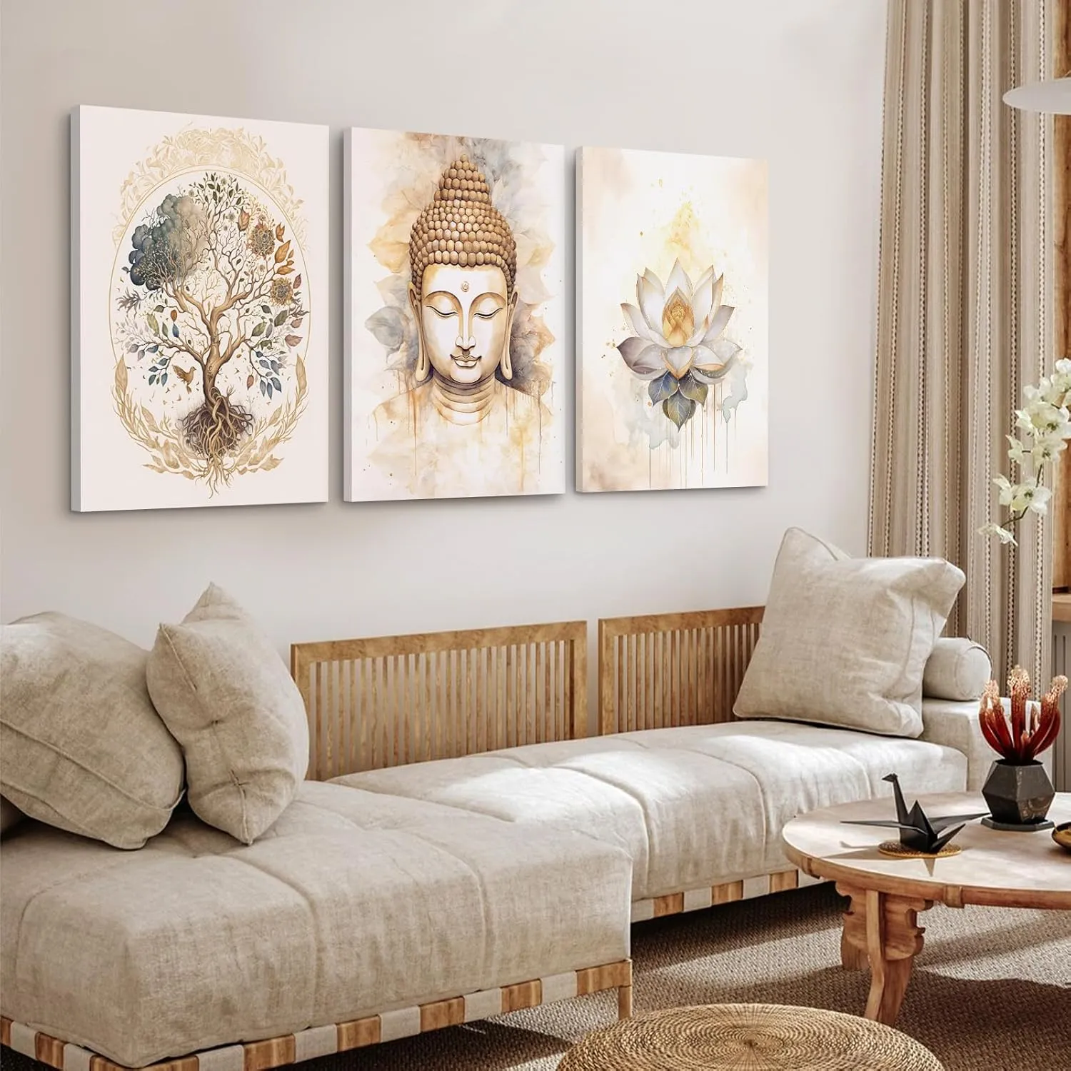 Zen Wall Art Decor Buddha Lotus Flower Artwork Tree of Life Canvas Painting Yoga Meditation Studio Wall Art Mindfulness Spiritual Energy Poster for Living Room Bedroom 12x16x3 Inch Wrapped Canvas