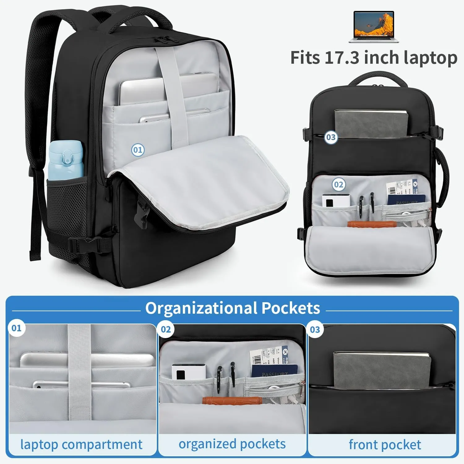 ZOMFELT Travel Backpack for Men, Carry on Backpack, TSA 17.3 inch Laptop Backpack Flight Approved, Personal Item Travel Bag Nurse Bag Casual Daypack for School Weekender Business Trip, Black