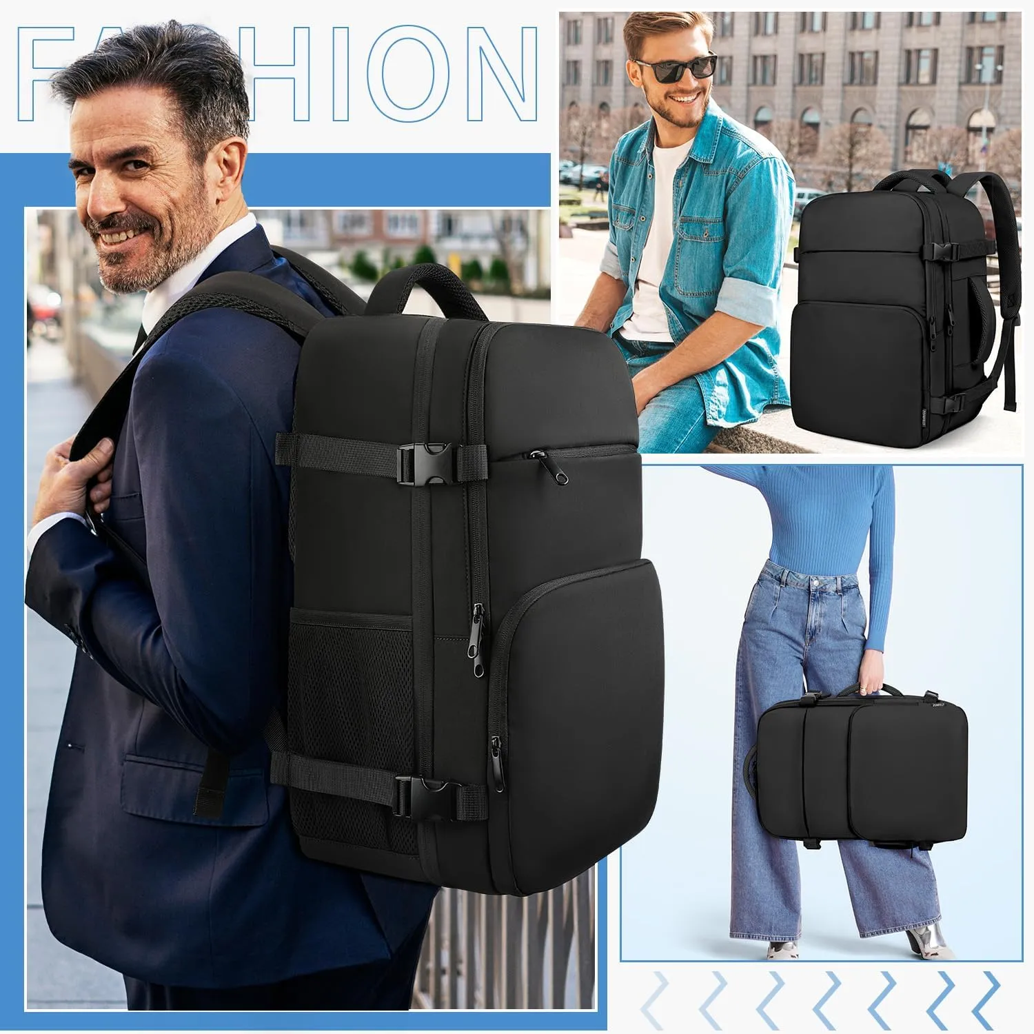 ZOMFELT Travel Backpack for Men, Carry on Backpack, TSA 17.3 inch Laptop Backpack Flight Approved, Personal Item Travel Bag Nurse Bag Casual Daypack for School Weekender Business Trip, Black