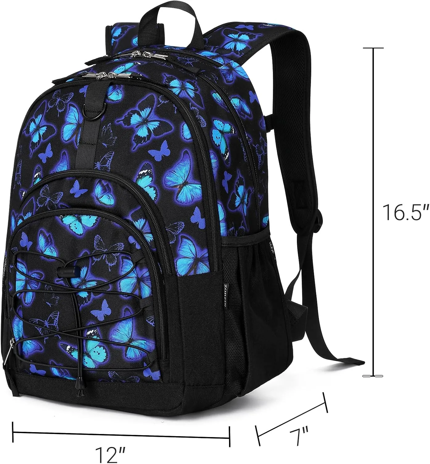 ZORFIN Backpack for School, Travel: Bookbag for Girls Boys - Kids Backpack with Multi Compartments - Butterfly Black