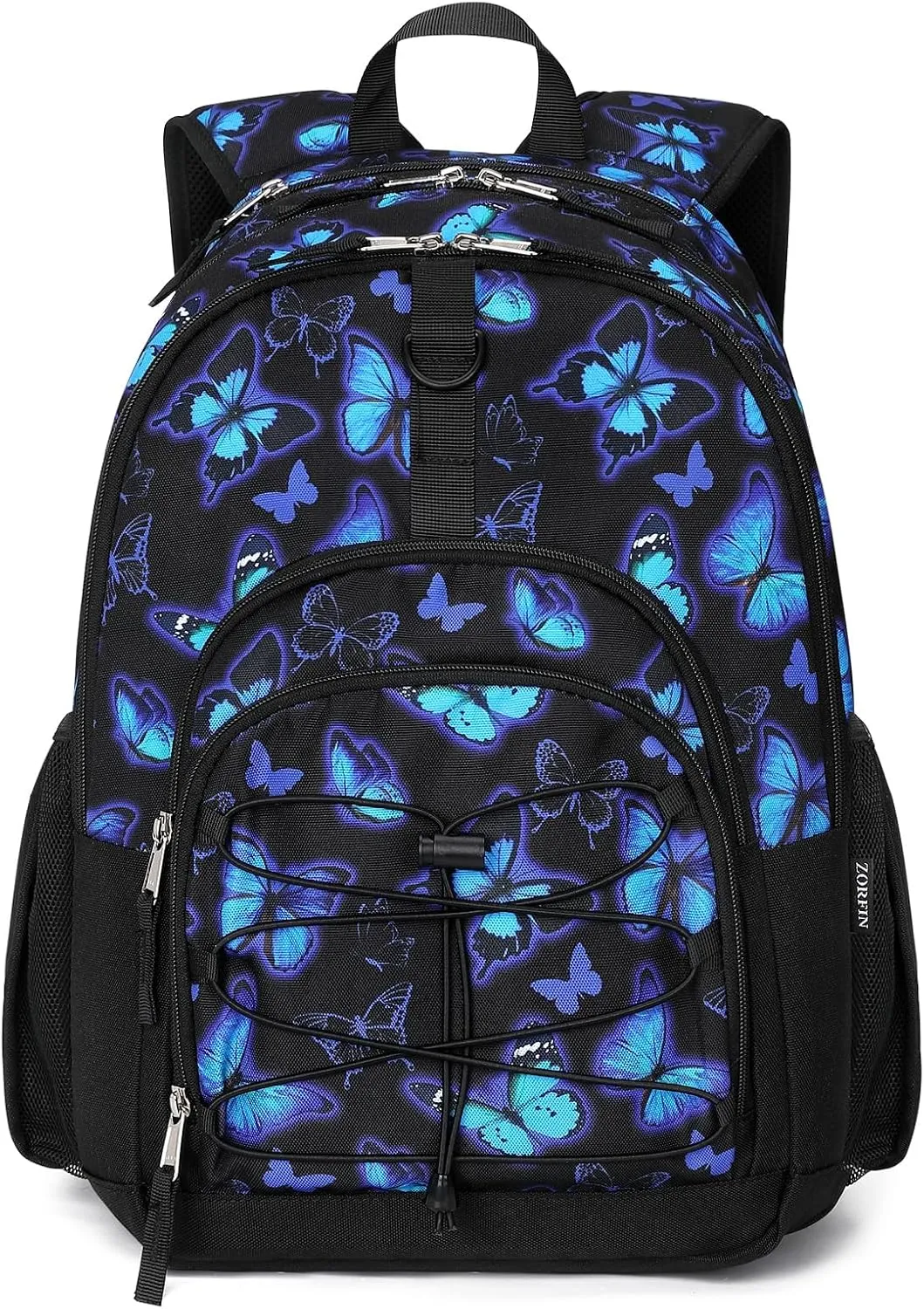 ZORFIN Backpack for School, Travel: Bookbag for Girls Boys - Kids Backpack with Multi Compartments - Butterfly Black