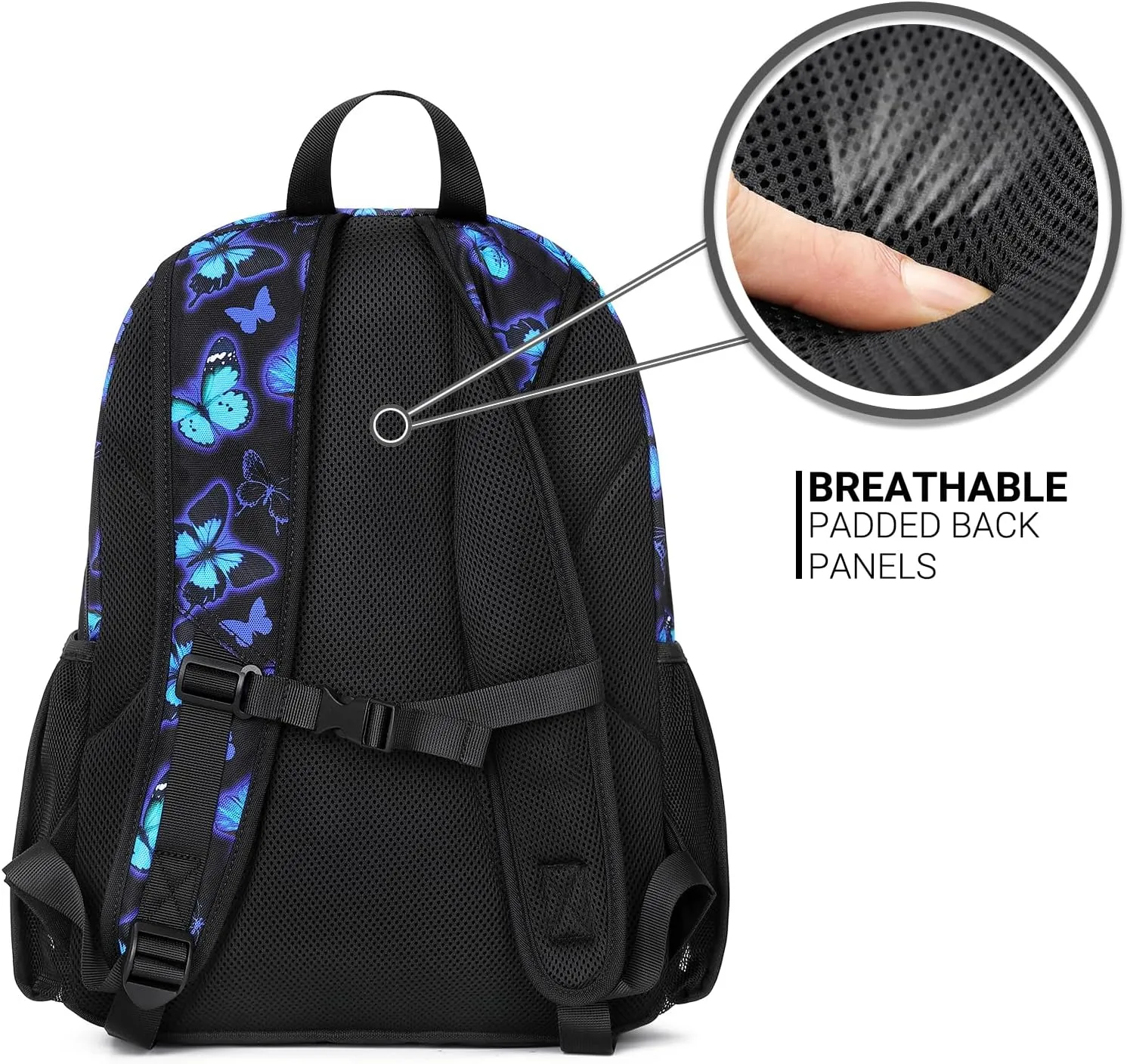 ZORFIN Backpack for School, Travel: Bookbag for Girls Boys - Kids Backpack with Multi Compartments - Butterfly Black