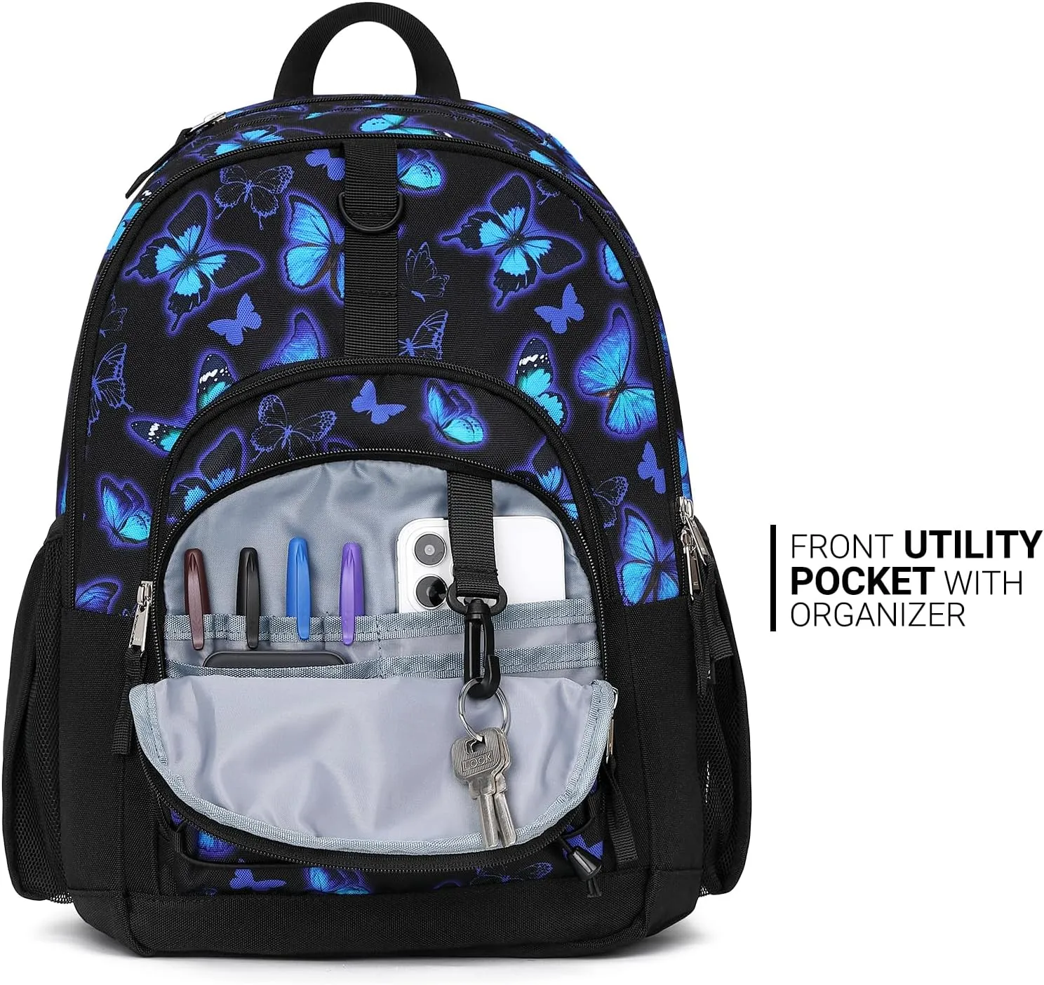 ZORFIN Backpack for School, Travel: Bookbag for Girls Boys - Kids Backpack with Multi Compartments - Butterfly Black