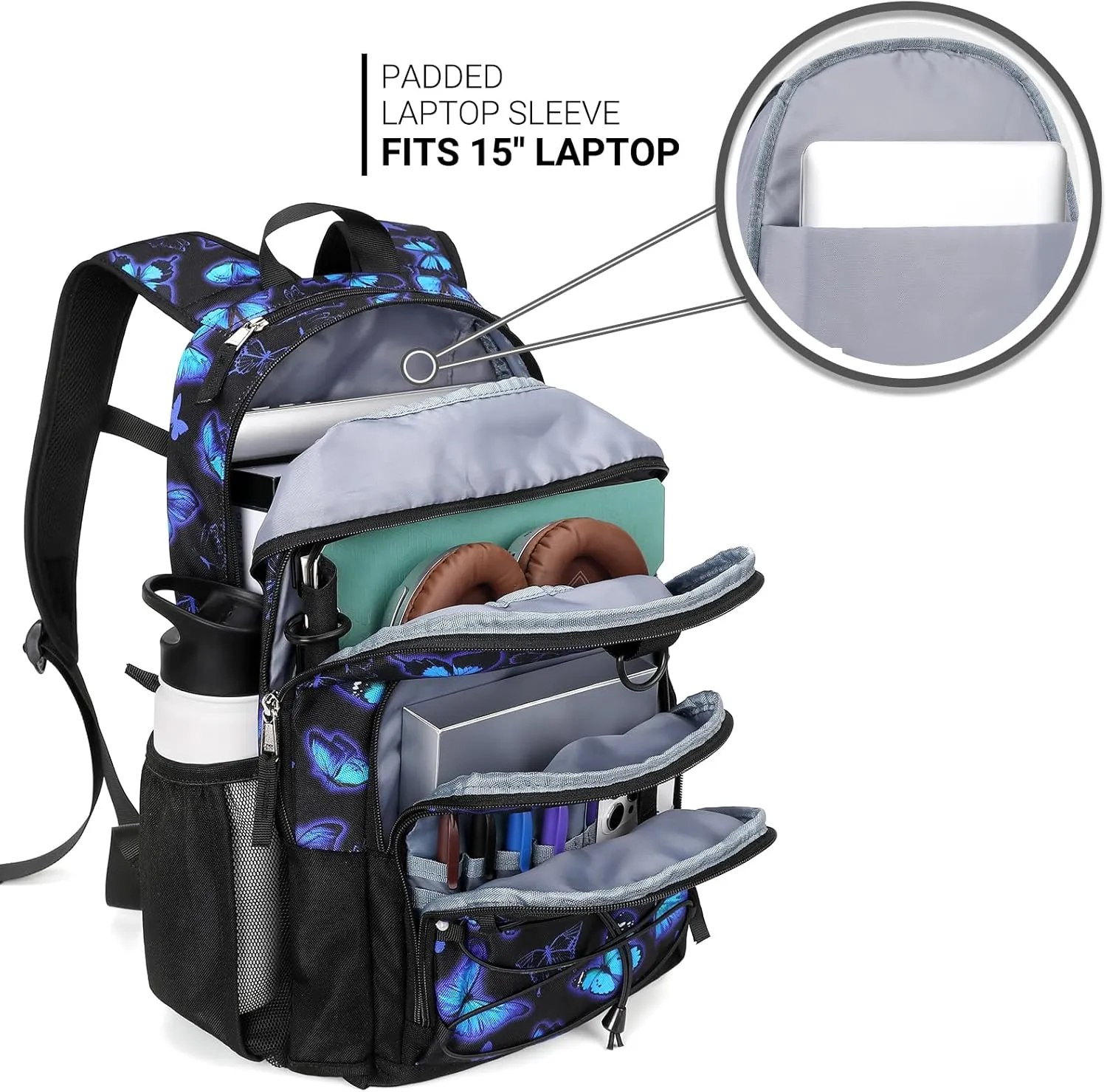 ZORFIN Backpack for School, Travel: Bookbag for Girls Boys - Kids Backpack with Multi Compartments - Butterfly Black