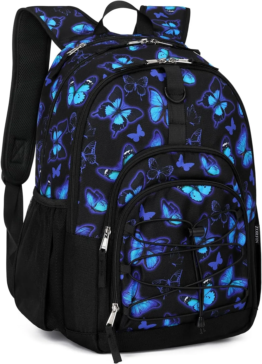 ZORFIN Backpack for School, Travel: Bookbag for Girls Boys - Kids Backpack with Multi Compartments - Butterfly Black